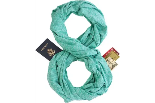 Zero Grid Infinity Scarf showing a passport, credit cards, and money can be hidden within the scarf.